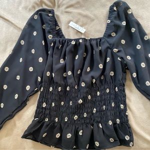 NWT Black Madewell georgette blouse with square neck and flower details